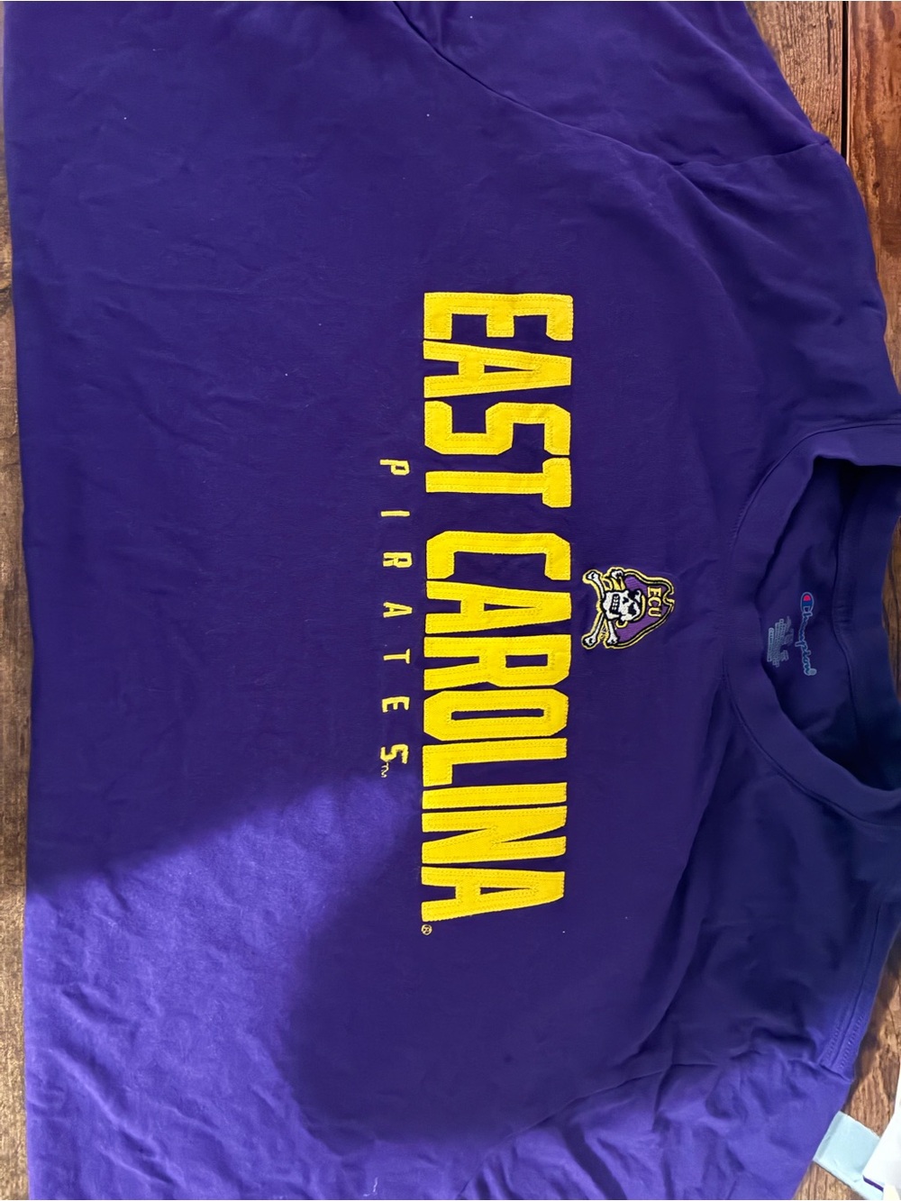 Champion Purple East Carolina Pirates Tee stitch lettering with Yellow Logo